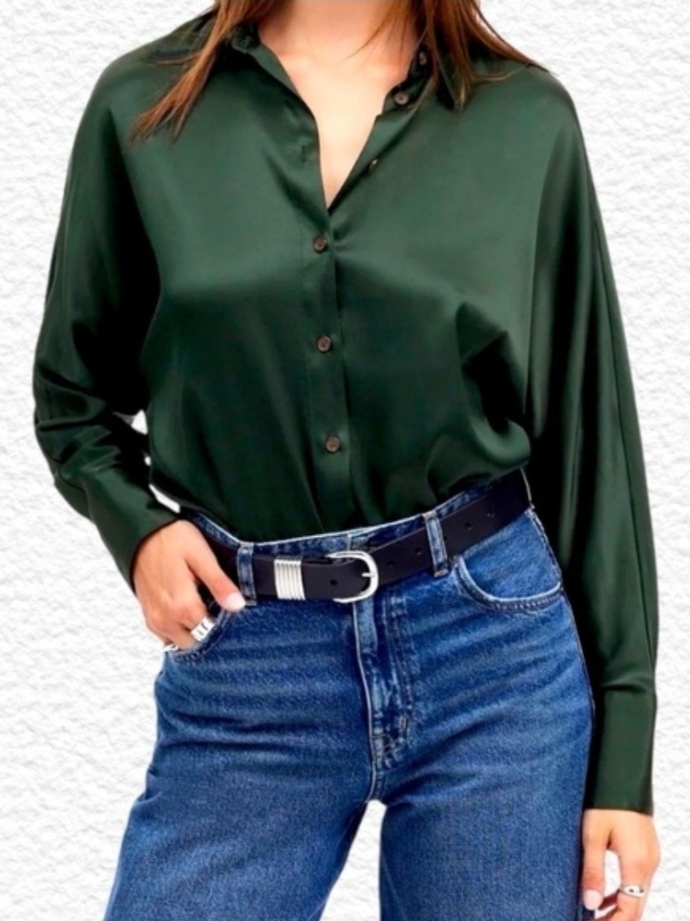 Madewell Dark Green Satin Button-Front Shirt